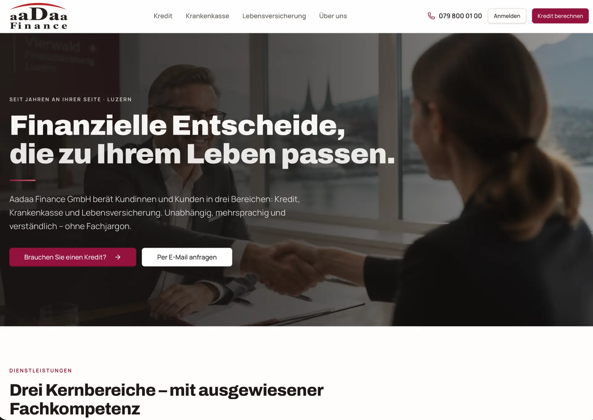 aaDaa Finance website showing a financial advisory meeting in Lucerne
