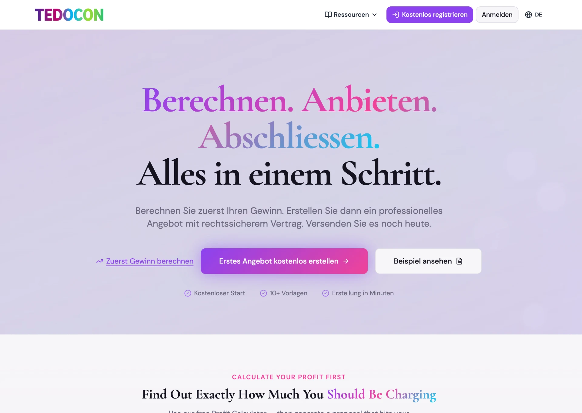 TEDOCON web app showing a profit calculator and proposal builder